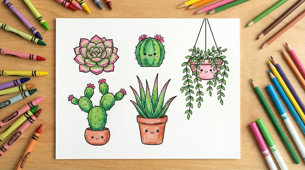 A Desert of Delight: Drawing 5 Simple Kawaii Succulents and Cacti