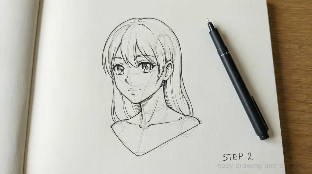 Crisp black ink line art defines a female anime bust portrait, illustrating Step 2 of the drawing tutorial. The refined facial structure, detailed shimmering eyes, and flowing hair are contrasted against faint pencil construction guidelines visible beneath the finalized outline on white sketch paper.