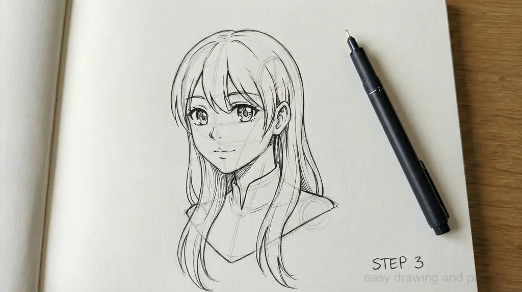 Precise inking tutorial (Step 3) of an anime portrait, detailing the character's hair, high-collared shirt, and expressive eyes. Clean black fine liner art contrasts with the subtle underlying graphite construction lines. A technical drawing pen is shown resting next to the finished line work on thick white paper.